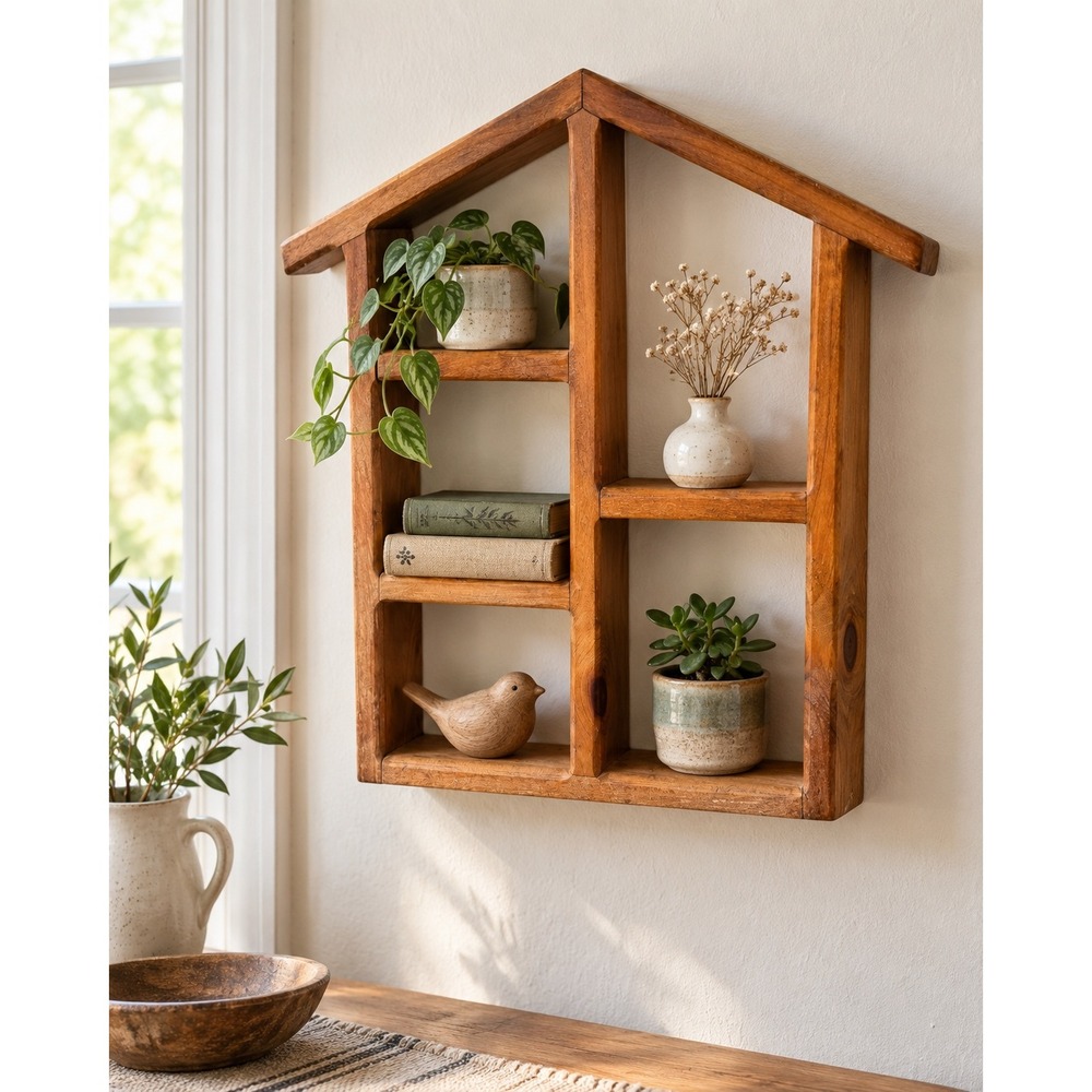 Vintage Wood House Wall Shelf Rustic Farmhouse Curio Display 5 Cubby